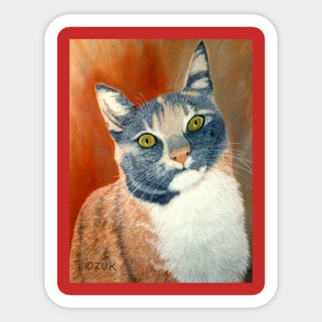 Calico Cat Pastel Portrait in Grey, White and Orange Sticker by KarenZukArt